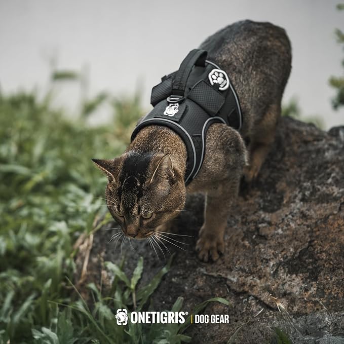 OneTigris Cat Harness and Leash - Escape Proof Soft Adjustable Kitten Harness, Breathable, Comfortable, Durable Water-Resistant Tactical Vest with Reflective Strips and Pocket for Cat Tracker
