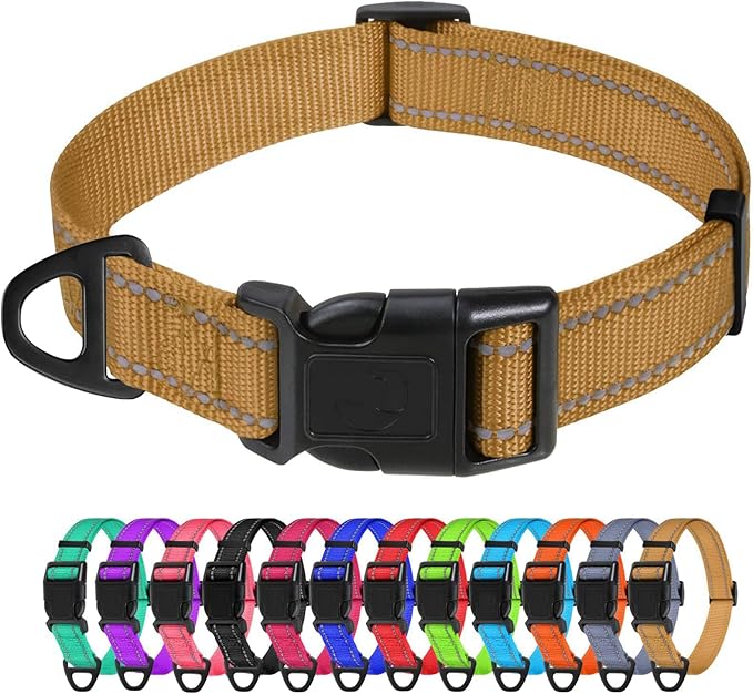 TagME Reflective Nylon Dog Collars, Adjustable Classic Collar with Quick Release Buckle for Medium Dogs, Khaki, 1.0" Width