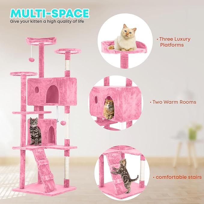 FDW | 70" Cat Tree Tower | Pink | Multi-Level Indoor Activity Center with Sisal Scratching Posts, Condos, Plush Perches, Hanging Cat Toys | Sturdy, Easy to Assemble | for Kittens & Adult Cats