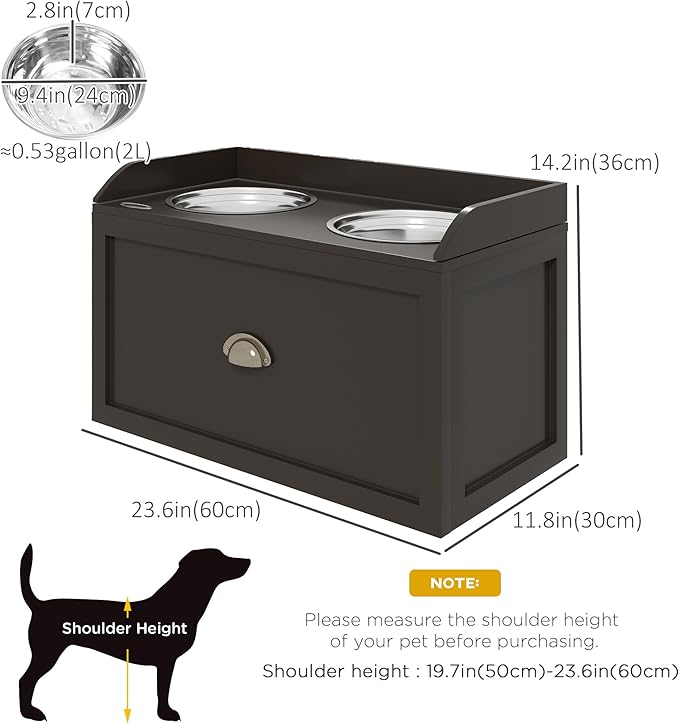 PawHut Dog Feeding Station with Storage Drawer, Dog Food Storage Cabinet with 2 Removable Elevated Pet Bowls for Large Sized Dogs, Coffee