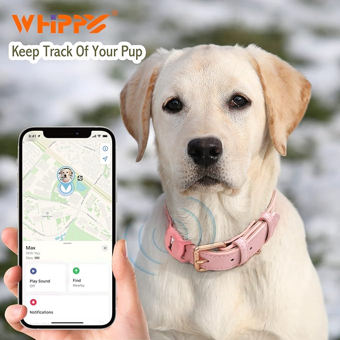 WHIPPY Airtag Leather Dog Collar GPS Tracker Air Tag Puppy Collar Adjustable Soft Leather Padded Dog Collar with Airtag Holder Case for Small Medium Large Dog Pet Backpack,Pink,M