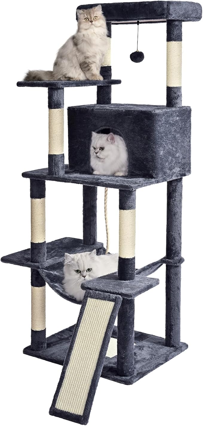 Cat Tree Tower 63in Multi-Level Cat Tower for Indoor Cats with Sisal Scratching Posts, Condo, Hammock, Dangling Ball and Extended Platform for Cats to Play, Grey