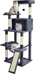 Cat Tree Tower 63in Multi-Level Cat Tower for Indoor Cats with Sisal Scratching Posts, Condo, Hammock, Dangling Ball and Extended Platform for Cats to Play, Grey