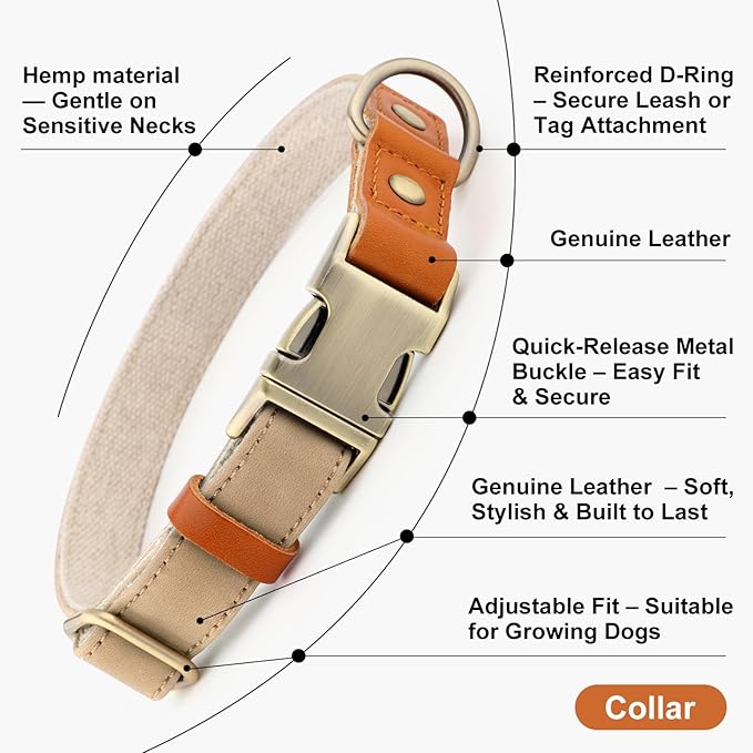 Plutus Pet Genuine Leather & Hemp Dog Collar – Adjustable Heavy Duty Pet Collar with Quick Release Metal Buckle, Soft & Stylish for Puppy and Small, Medium, Large Dogs (Beige, L)