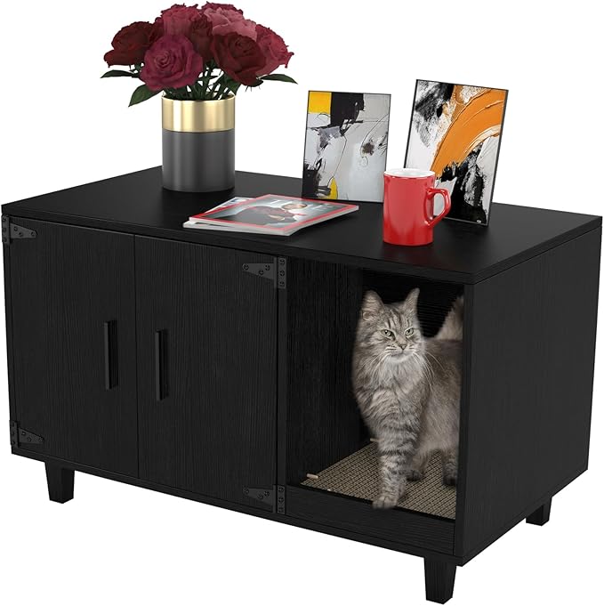 GDLF Modern Wood Pet Crate Cat Washroom Hidden Litter Box Enclosure Furniture House as Table Nightstand with Scratch Pad,Stackable (Black)