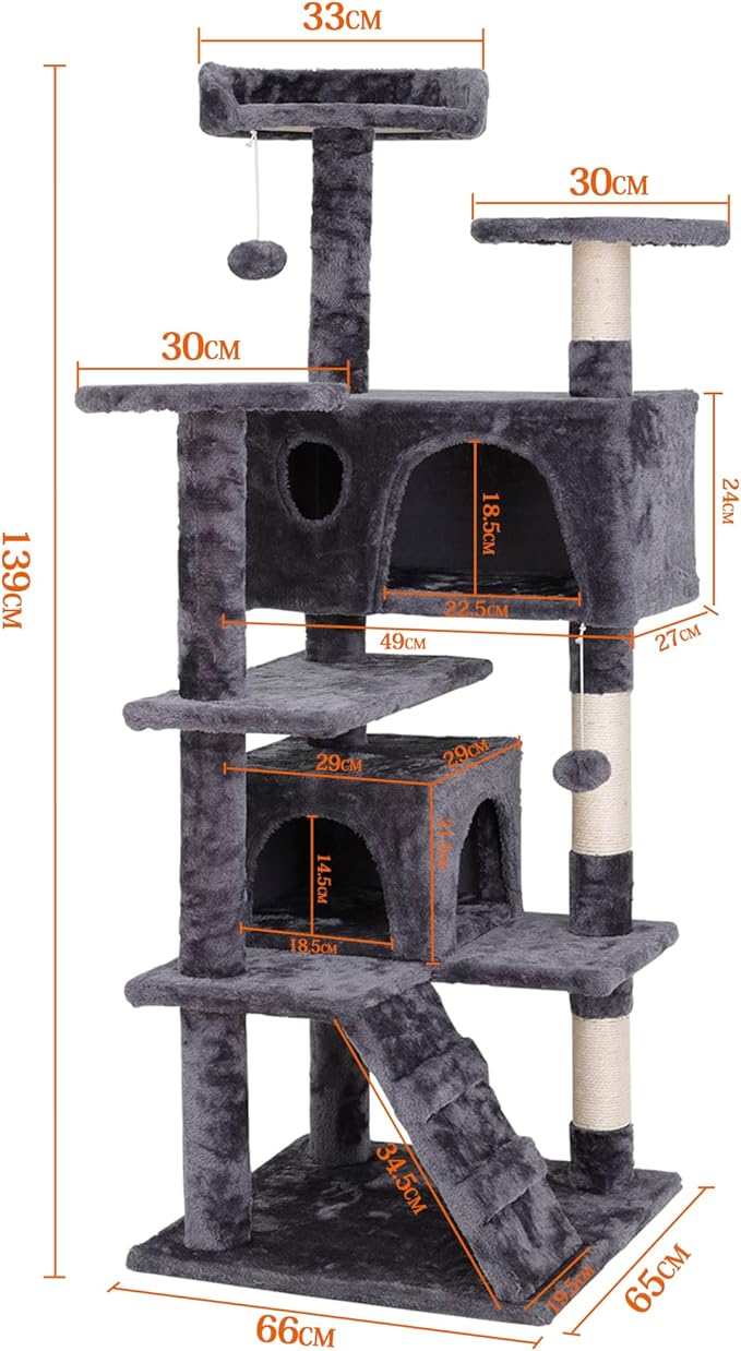 54-Inch Cat Tree for Large Cats, Sturdy Multi-Level Cat Tower with 2 Condos, Hanging Ball and Sisal Scratching Posts, Durable Cat Furniture for Indoor Cats (Dark Grey)