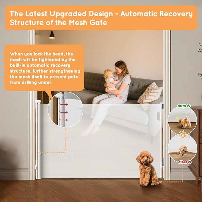 Retractable Baby Gate for Stairs, 71" Wide Mesh Pet Gate, Automatic Tension, One-Hand Operation, 38" Tall Baby Gates for Doorways, Hallways, Deck, Indoor Outdoor, Safe, Easy to Fit, White