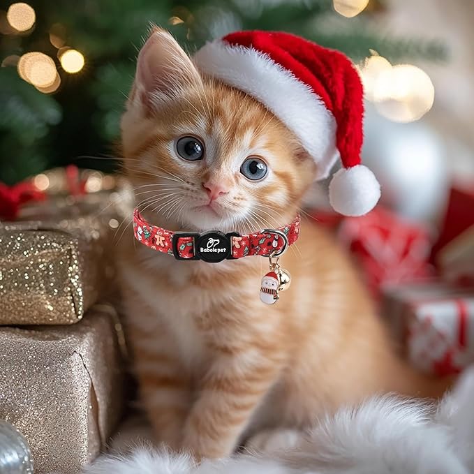 2 Pack Christmas Cat Collars - Breakaway Cat Collar with Bell, Candy Cane and Snowman Pendant, Winter Adjustable Kitten Collars for Girl Boy Cats, Blue&Red