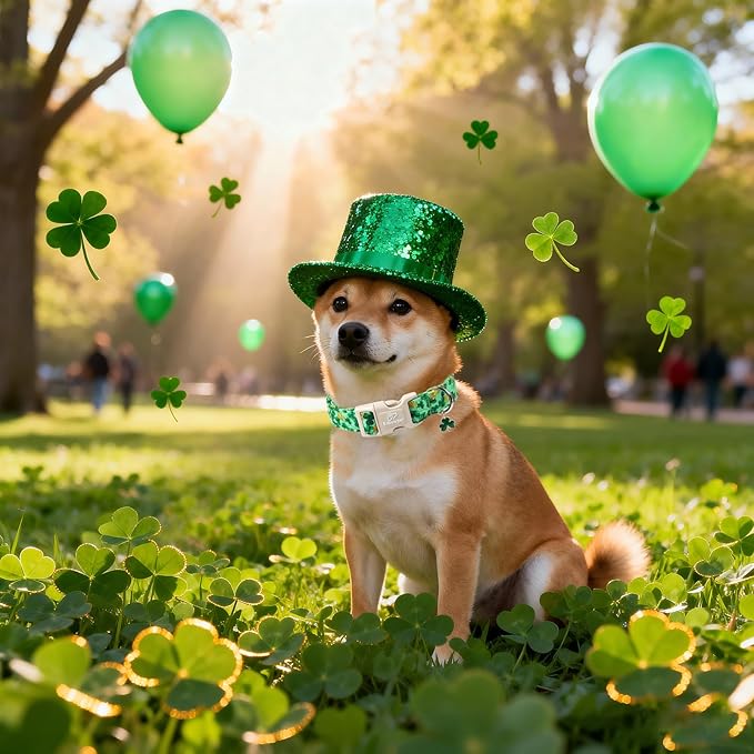St. Patrick's Day Dog Collar for Medium Dogs - Green Shamrock & Yellow Flower Print Dog Collars, Cute Irish Party Puppy Collar, Lightweight Adjustable St. Patricks Day Pet Collars M