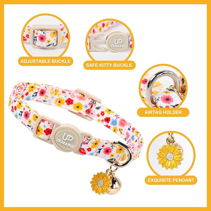 Cat Collar, 2Pack Flower Cats Collars-Cute Summer Breakaway Cat Collar with Bell & Pendant, Pretty Flower Kitten Collars with Safety Buckle for Girl & Boy Cats, 7-12Inch