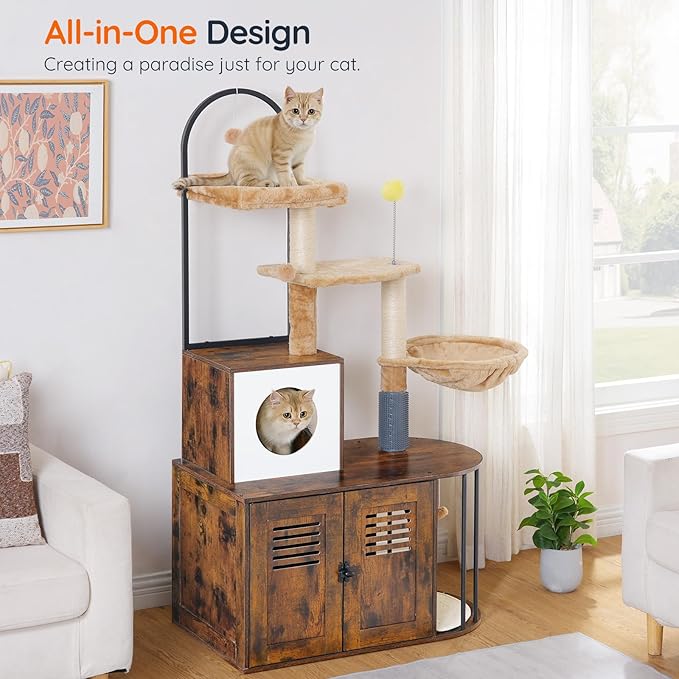 HOOBRO Cat Tree with Litter Box Enclosure, All-in-One 31.5" Cat Tower with Hidden Litter Box Cover Furniture for Indoor Cats, Versatile Cat Condo with Sisal Posts, Hammock, Rustic Brown FG45MZ03