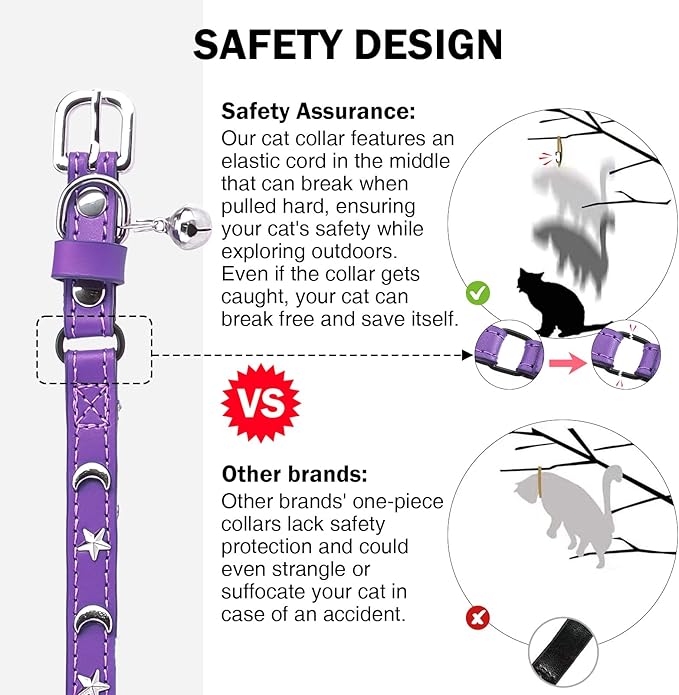 Leather Cat Collars for Boy Girl Cats with Bell and Safety Elastic Belt, Personalized Star and Moon Stud Adjustable Safe Buckle Collar for Kitty Small Big Cats Size 8-12 Inch, Purple