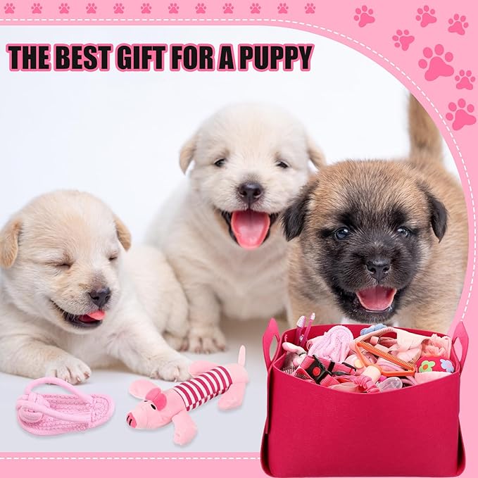 Abbylike 50 Pcs Puppy Supplies Starter Kit for Small Dogs Puppy Essentials Includes Leash, Bowls, Teeth Brushes, Water Bottle, and More Accessories for Dogs Pet Day Welcome Gift(Pink)