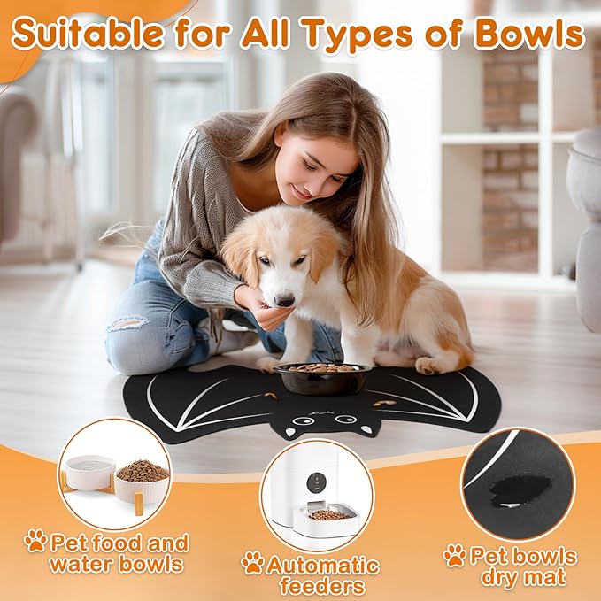 Pet Mats for Food and Water Dog Cat Food Mats Pet Feeding Mat Anti-Slip No Stains Quick Dry Floors Waterproof Placemat Pet Food Bowl Mat Halloween Decorations - 23.6" x 15.7" Bat