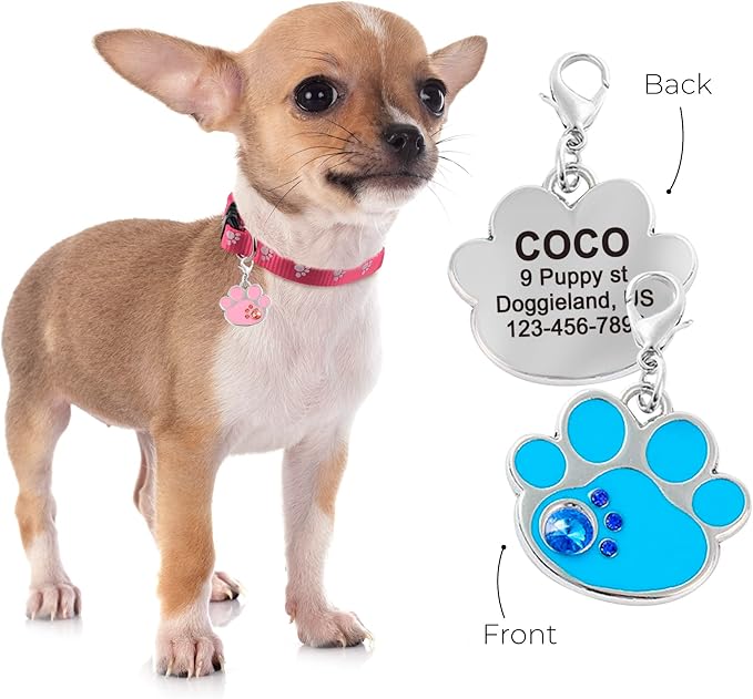 PAWNIMALS Paw Shape Dog ID Tag Stainless Steel Custom Laser Engraved, Cute Bling Glitter Pet Name Tags Personalized with Durable Engraving (Crystal Paws)