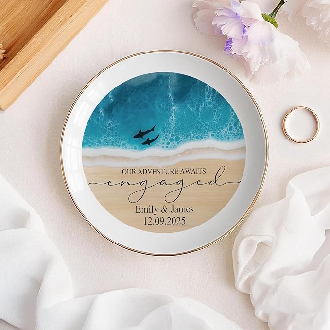 Personalized Beach Ring Dish Engagement Gift, Our Adventure Awaits Engaged Trinker Holder, Jewelry Tray Gifts for Newly Engaged Couple, Anniversary Wedding Gift for Her Bride