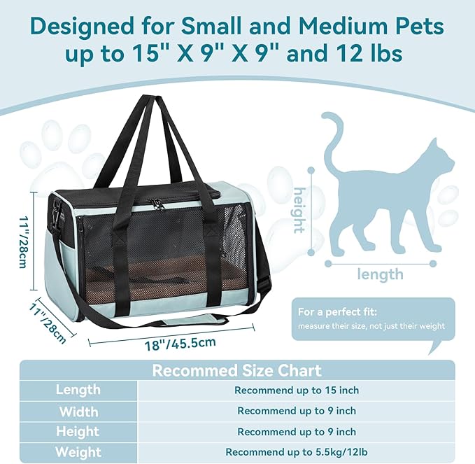 PETSFIT Soft-Sided Cat Carrier with Patented Safety Buckles, Lockable Zippers & Safety Tether,Escape-Resistant Travel Pet Carrier for Car Rides & Vet Visits, Airline Approved Under-Seat, Up to 12 lbs