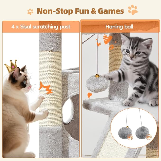 Taoqimiao Cat Tree,38.2-Inch Cat Tower for Indoor Cats,Suitable for Kittens with Luxurious cat condo with Adjustable Baskets and Luxurious Perch Light Gray MS029SW