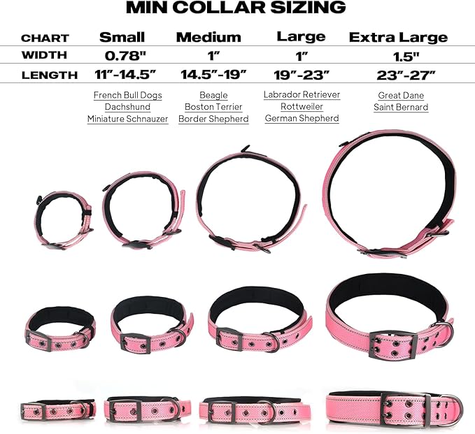 PetiFine Dog Collar for Large Dogs, Neoprene Padded and Adjustable, Reflective Wide Heavy Duty Pet Collars with Durable Metal Belt Buckle for Walking, Pink, L