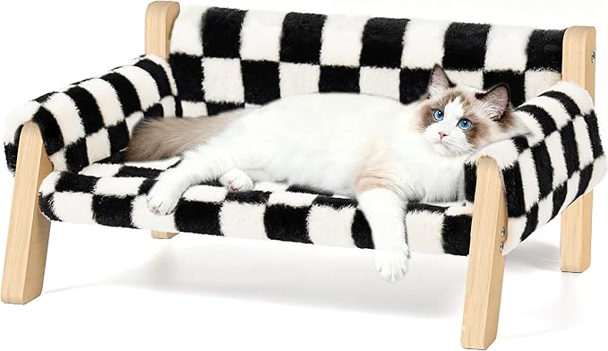 Elevated Cat Couch Bed for Indoor Cats - Wooden Pet Sofa with Removable Washable Thick Cover Raised Kitty Lounge Chair Suitable for Puppy or Small Animals(Cat Sofa Chessboard)