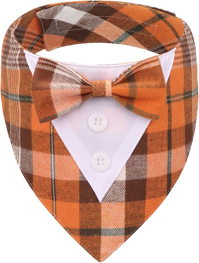 ADOGGYGO Fall Dog Tuxedo Bandana, Orange Plaid Pet Tux Collar with Bowtie, Adjustable Halloween Thanksgiving Formal Costume for Medium Dogs Pets (M)