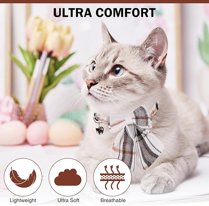 Cat Collar with Bells Breakaway, Bowtie Cat Collar for Boy Girl Cats with Removable Bow Tie Collar, Cute Plaid Kitten Collar with Bell & Pendant Adjustable, 2 Pack Pet Collars for Cats Puppy