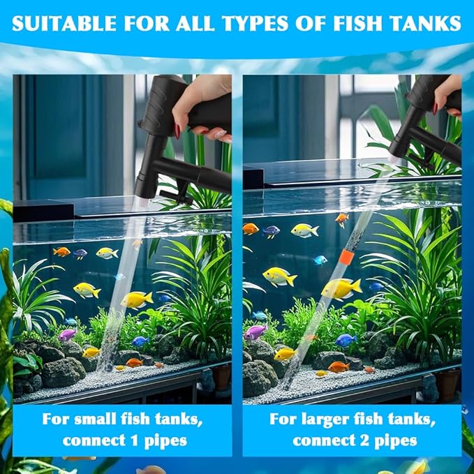 Aquarium Gravel Cleaner, Fish Tank Cleaner Kit, Aquarium Manual Press Noiseless Water Changer, Including Net,Thermometers & Cleaning Accessories for Fish Tank Maintenance