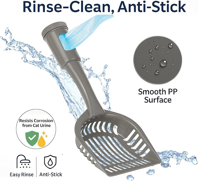 2-in-1 Pooper Scooper with Bag Attachment, Cat Litter Shovel Scoop with Bag, Built-in Dispenser, Includes Trash Roll, Rinse-Clean, Anti-Stick, Smart Sifter, Long Handle (Dark Gray)