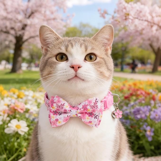 KOOLTAIL Spring Cat Collar with Bow Tie and Bell - 3 Pack Cute Cat Collars Breakaway with Flower & Bee Pattern, Adjustable Fancy Kitten Collar with Safety Buckle for Girls Boys Kitty
