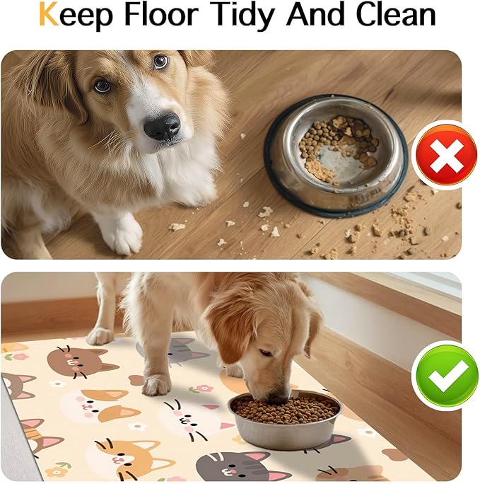 Cat Feeding Mat 24x16 inch Beige Kitten Print Pet Bowl Placemat Non Slip Floor Mat for Food and Water Indoor Kitty Feeding Station Cute Meal Pad for Small Pets Kitchen Use