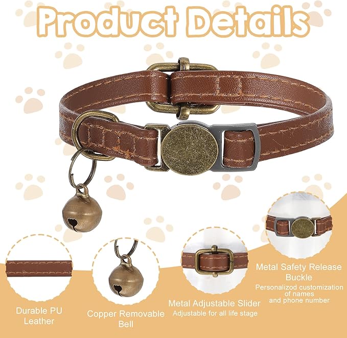 2 Pcs PU Leather Cat Collar Breakaway with Bell, Personalized Adjustable Cat Collars Retro Collars Pet Leather Collar with Quick Release Buckle for Cats Kittens