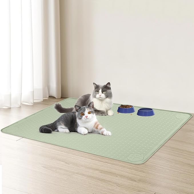 Cat Food Mat, 57" x 40" Extra Large Silicone Pet Feeding Mat with Raised Edge Pet Placemat for Food and Water Bowl Non-Slip, Easy to Clean, Floor Protection (Green)