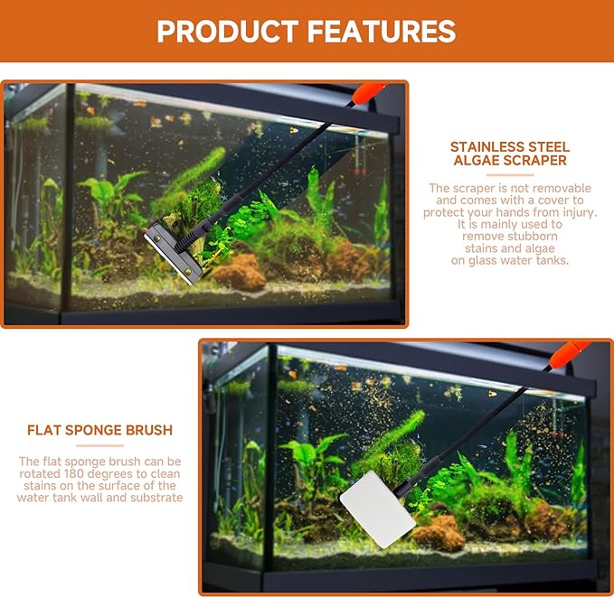 6 in 1 Aquarium Cleaning Tool Kit, Telescopic Handle Design, for 20-160 Gallon Freshwater and Saltwater Aquariums, Includes Algae Scraper, Sponge Pad, Pipe Brush, Gravel Rake, Fish Net