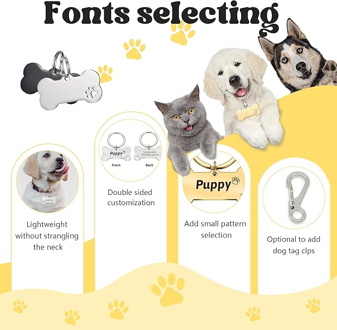 Engraved Tags Personalized for Pets, BUGMKCS Customized Pet Supplies with Name & Number, Hollow Cute Cat/Dog Id Tag Personalized, Gifts for Large/Small Dogs/Puppy, Stainless Steel Pet Accessories