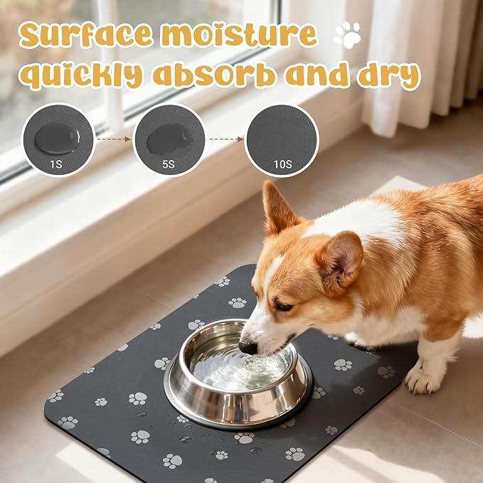 Dog Food Mat, Diatom Ooze Cat Water Mats Non Slip for Floors Waterproof and Water Absorption, Easy to Clean-Dog Paw(12" H*15.5" L)