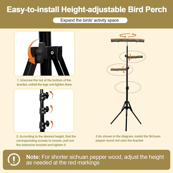 3-Layer 16-63 Inch Height Adjustable Bird Perch Pepper Wood Birds Training Perch Stand Parakeet Perches Indoor and Outdoor Parrot Stands for Small to Medium Bird