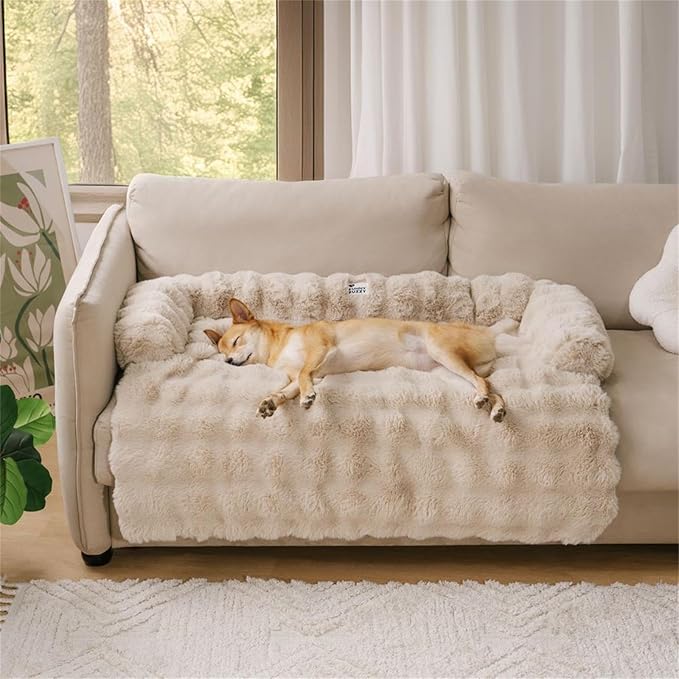 FUNNY FUZZY Pet Fluffy Plush Calming Dog Couch Bed Sofa Protector Washable Pets Mat for Large Medium Small Dogs and Cats (Coffee, 47"×33.5"×6")