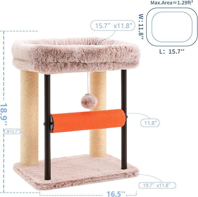 Hey-brother Cat Tree Tower with Rolling Scratching Post, Spacious Plush Platforms, Fully Sisal-Wrapped Column and Plush Toy Ball, Sturdy Bed for Indoor Kittens, 18.9 inches, Muchroom MPJ010SMU