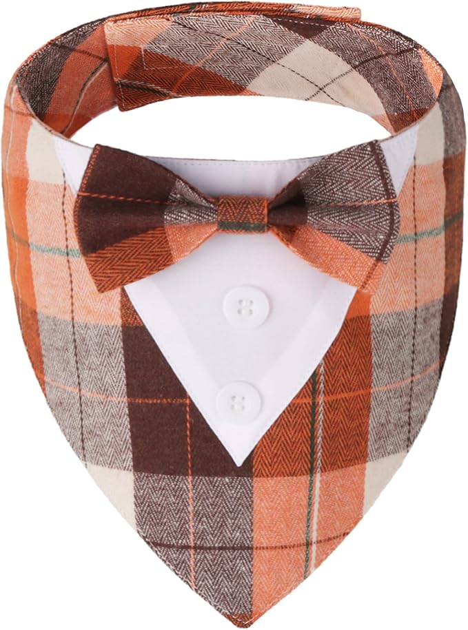 ADOGGYGO Fall Dog Tuxedo Bandana, Orange Plaid Pet Fall Collar with Bowtie, Adjustable Halloween Thanksgiving Costume for Small Dogs (S)