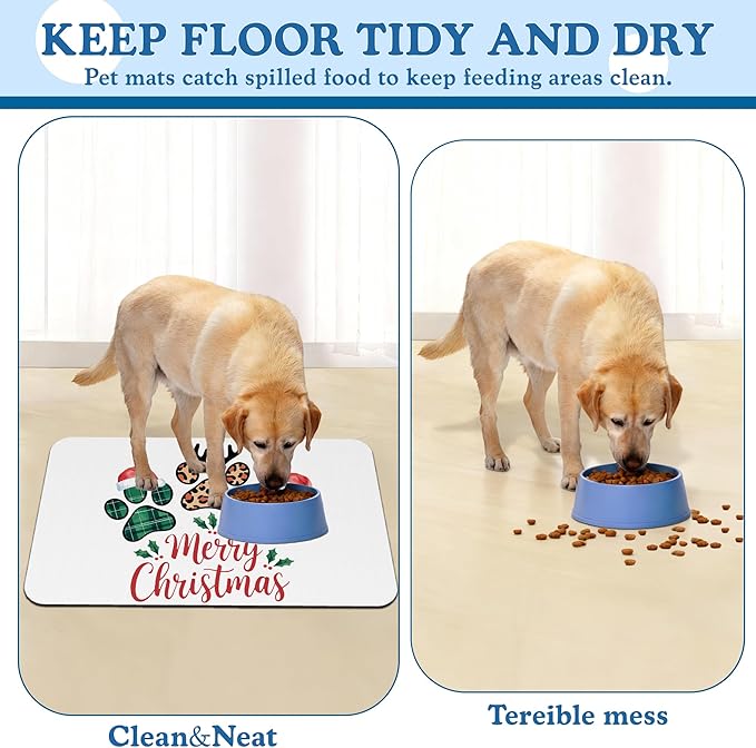 Dog Christmas Dog Food Mat–Christmas Stocking Absorbent Quick Dry Feeding Placemat for Food and Water Bowls, Non Slip Rubber Backing, Waterproof Pet Supplies for Mess-Free Eating 12"x20"