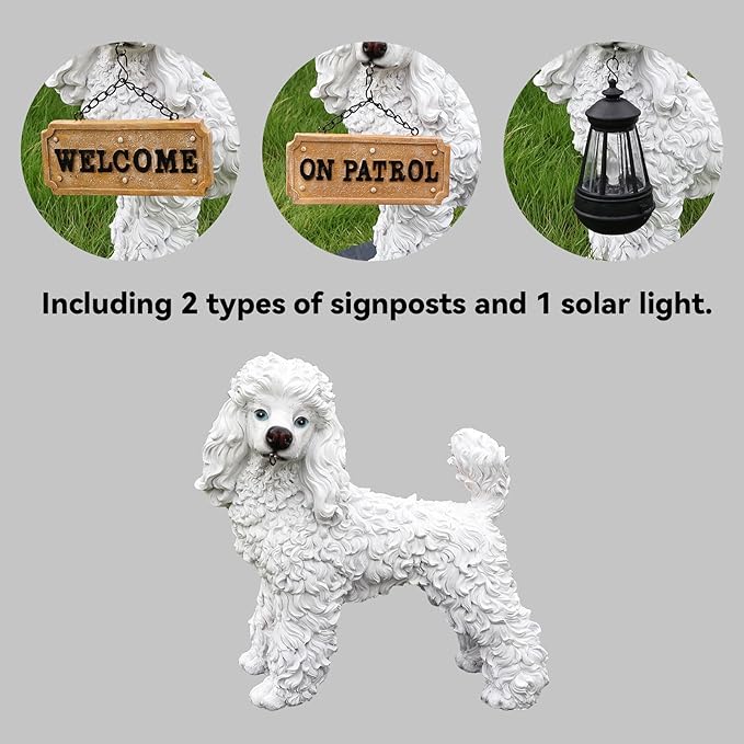 Poodle Statue Outdoor Decorations – Dog Statues Outdoor Standing White Poodle with Removable Solar Light & Welcome Sign for Lawn Décor