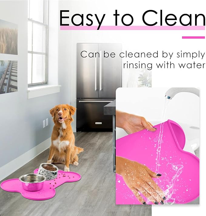 Super Design Dog Food Mat Dog Bowl Mat for Food and Water Silicone Non Spill Cat Feeding Mat Puppy Placemat Waterproof - 20.5" x 14.5", Rose