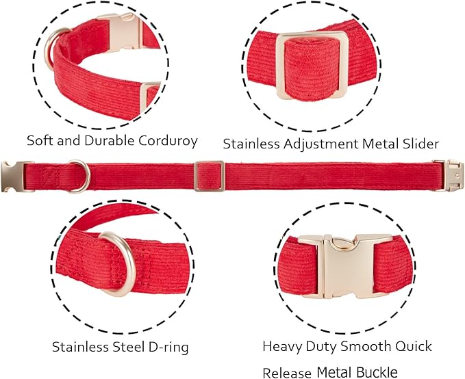 Soft Cotton Dog Collar with Metal Buckle Adjustable Heavy Duty Comfy Corduroy Collars for Small Medium Large Dogs,Red,Large