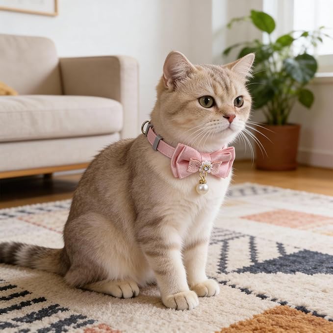 2 Pack Pink Cotton Cat Collars for Girl Cats, Cute Pearl Bow Kitten Collar Breakaway Safety Buckle Cats Pet Collars Adjustable from 7.9 to 11.8 Inches