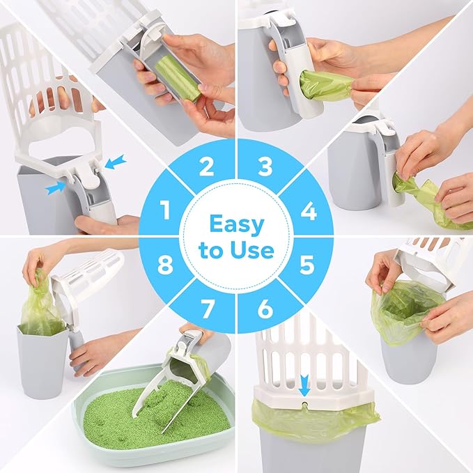 MYPIN Cat Litter Scooper with Holder, Cat Litter Shovel with Waste Can and Refill 195 Bags, Large Capacity Cat Scooper Portable Litter Shovel, Cat Litter Sifter Scoop System with Bags
