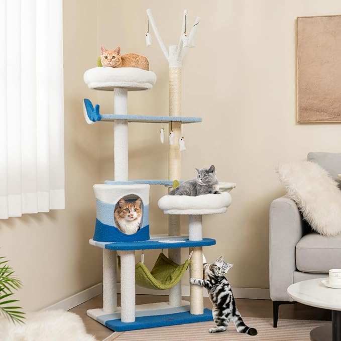 Tangkula Ocean-Themed Cat Tree, Multi-Level Cat Tower with Sisal Scratching Posts, Condo, Perch, Hammock, Jump Platforms, Hanging Interactive Toys, Cute Cat Activity Center for Indoor Cats (65 Inch)