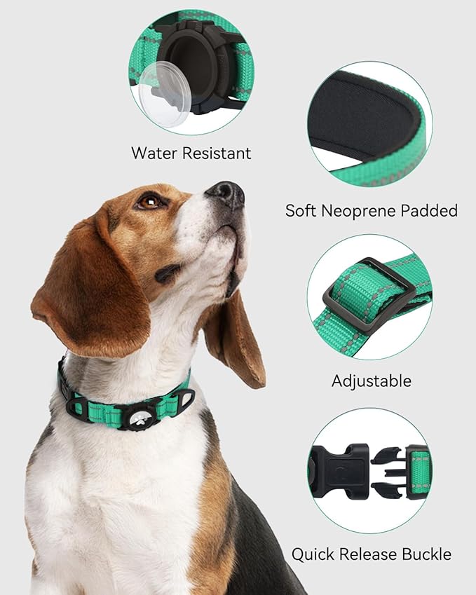 Joytale Airtag Dog Collar, Reflective Pet Collar with Waterproof AirTag Holder, Dual D-Rings, Soft Padded Adjustable for Extra Small and Puppy Dogs, Teal, XS