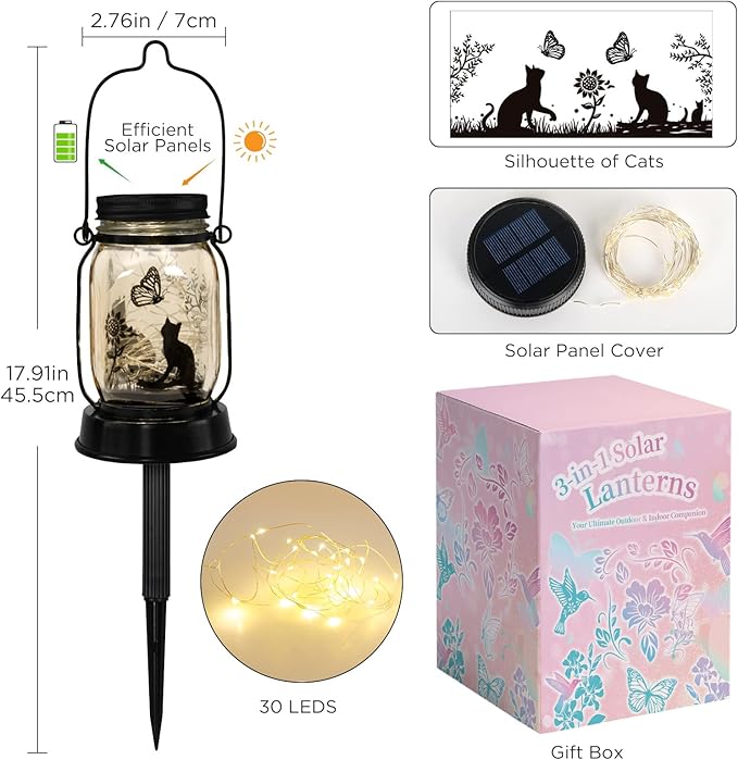 kyoryuger Cat Lover Gifts for Mom/Grandma/Women/Sister Cat Butterfly Solar Light Gifts Solar Lanterns Outdoor Waterproof Fairy Lights Led Mason Jar Hanging Cat Lamps Decor for Garden Yard Torche
