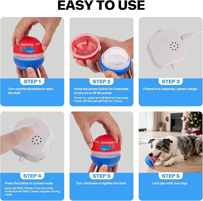 Pet Prime Interactive Dog Ball Toy Automatic Active Rolling Ball for Dogs Motion Activated with LED Light Rechargeable Self Moving Toy for Small Medium Large Dogs to Play Red/Blue
