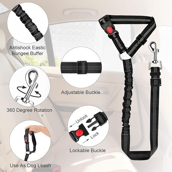 BWOGUE Pet Dog Cat Seat Belts, Car Headrest Restraint Adjustable Safety Leads Vehicle Seatbelt Harness (1 Pack, Black, Elastic)